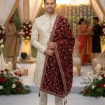 Maroon Velvet Embroidered Sherwani Dupatta with Golden Zari Work