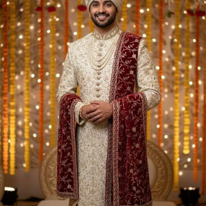 Maroon Velvet Embroidered Sherwani Dupatta with Golden Zari Work