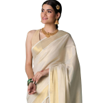Women's Kerala Kasavu Golden Tissue Plain South Indian Saree with Running Blouse