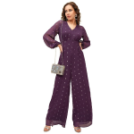Women's Long Sleeves V-Neck Self Design Jumpsuit |Stylish | Casual