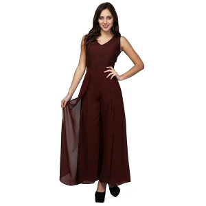 Women's Maroon Sleeveless Party Jumpsuit | Stylish V-Neck One-Piece with Sheer Overlay & Flared Palazzo Bottom