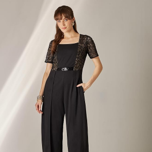 Women's Square-Neck Half-Sleeve Self-Designed Panelled Regular-Length Polyester Jumpsuit