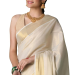 Women's Kerala Kasavu Golden Tissue Plain South Indian Saree with Running Blouse