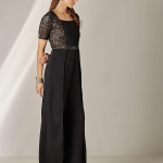 Women's Square-Neck Half-Sleeve Self-Designed Panelled Regular-Length Polyester Jumpsuit